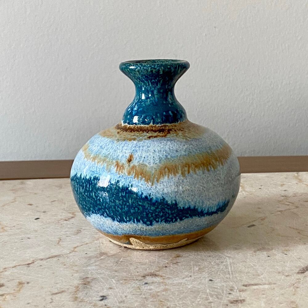 Vintage Studio Art Pottery Bud Vase 3" Signed Stoneware MCM Blue Brown Glaze